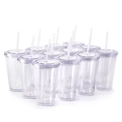 16oz/22oz Reusable Travel Ice Coffee Mugs Double Wall Insulate Clear Plastic Tumblers With Lid And Straws 1pcs,3pcs,12pcs/set