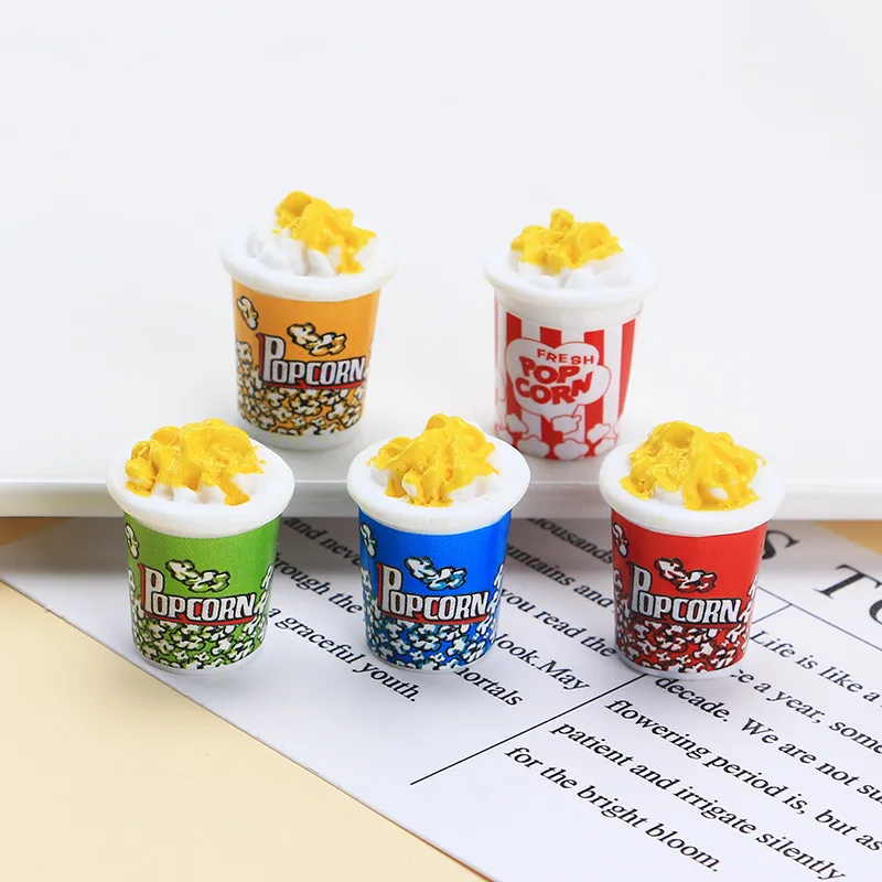 10Pcs Resin Popcorn Flatback Flat Back Cabochon DIY Dollhouse Food Ornament Miniature for Phone Case Jewelry 3D Popcorn Bucket