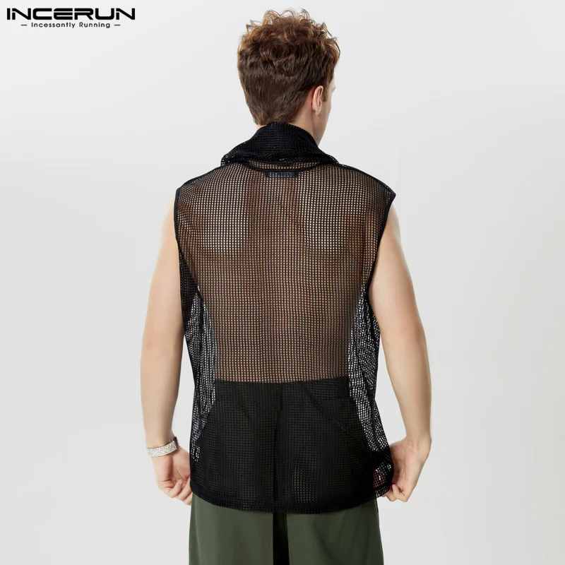 2024 Men\'s Tank Tops Mesh Hollow Out Turtleneck Sleeveless Male Vests Streetwear Transparent Fashion Men Clothing INCERUN S-5XL