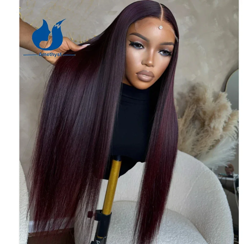 Long Burgundy Straight 5.5x4.5PU Silk Base Lace Closure Wig Brazilian Remy Hair for Women 13x6 Lace Front Wig Pre Plucked 99J