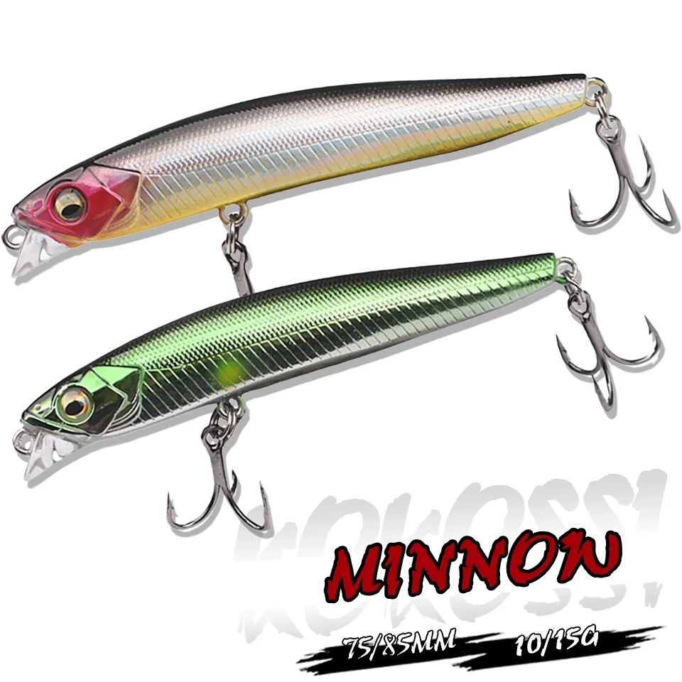 KoKossi 1PCS Sinking Minnow Lures 3D Fisheyes 10G/15G 75MM/85MM Hard Baits With Hook Artificial Plastic Wobblers Fishbait