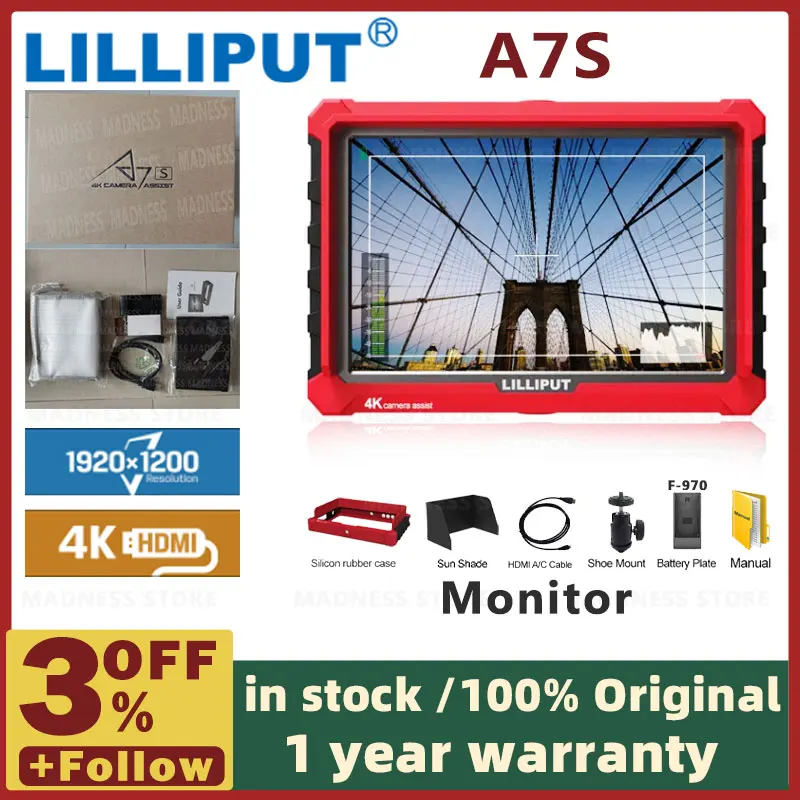 LILLIPUT A7S 7 Inch 1920x1200 HD IPS Screen 500cd/m2 Camera Field Monitor 4K HD-MI Input Output Video Assist for DSLR Mirrorless