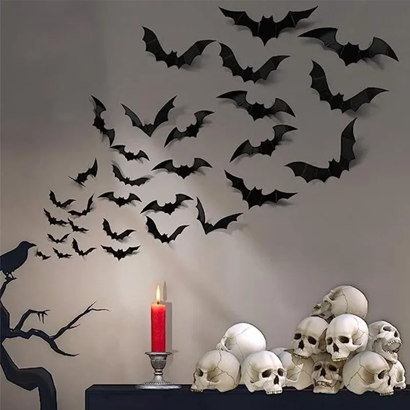 

24/48 Pieces Halloween Decoration 3D Black PVC Bat Halloween Party DIY Decoration Wall Sticker Bar Room Horror Decoration Props