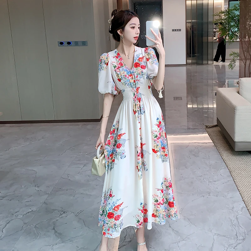 

Holiday Dress Women 2024 Summer Bubble Short Sleeve V-Neck Single Breasted Floral Print Chiffon Long Dress Elegant Fairy Dress