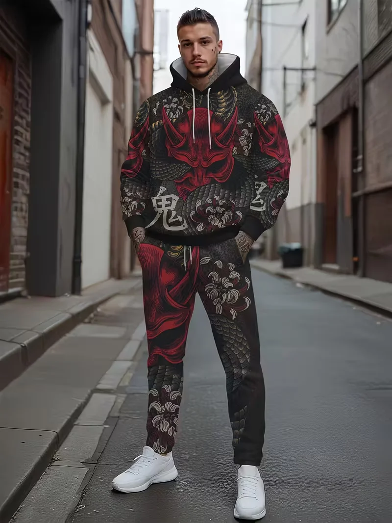 

Осенне-зимние повседневные мужские толстовки с 3D принтом черепа самурая, толстовки, брюки, комплект из двух предметов, модный свободный спортивный костюм