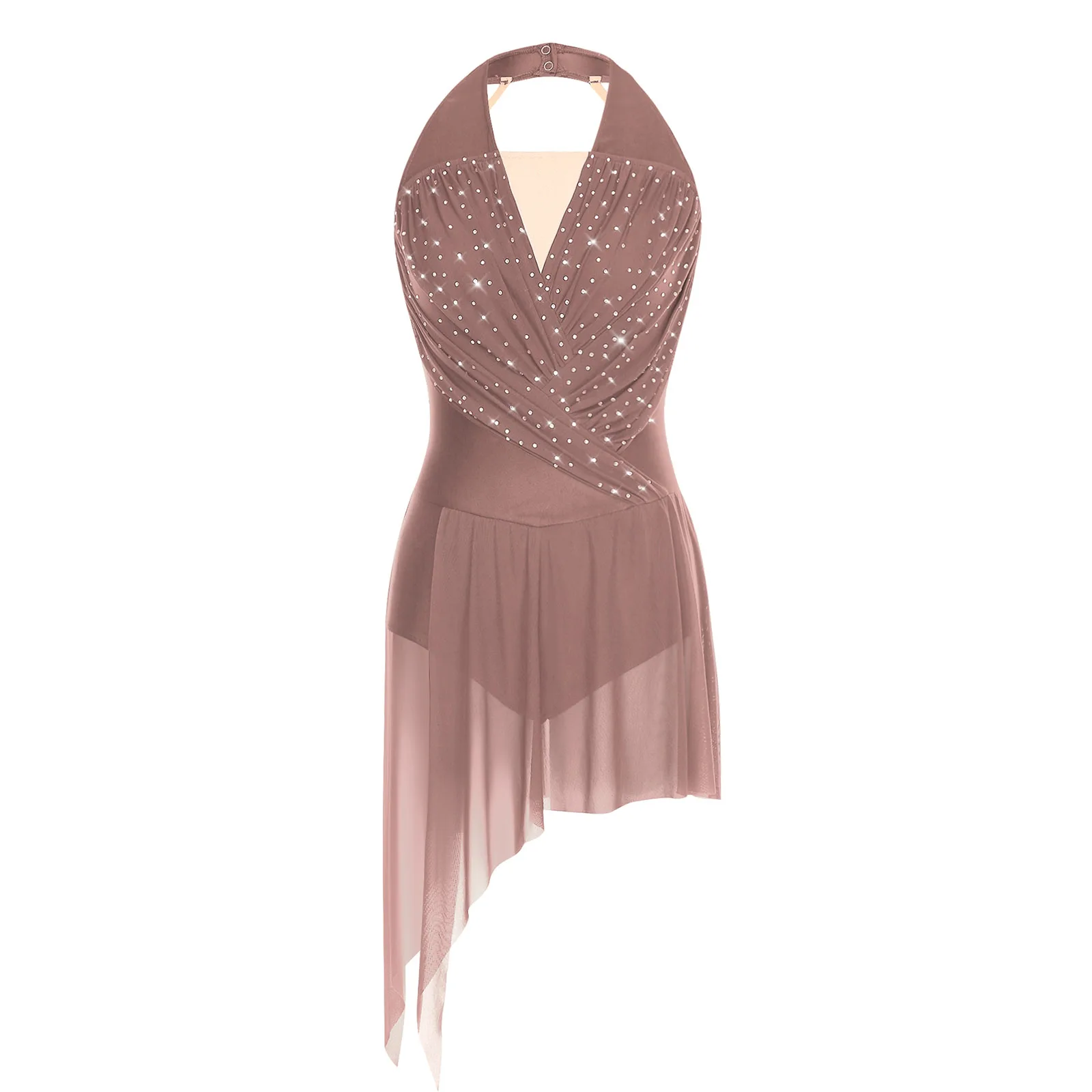 

Womens Figure Skating Bodysuit V Neck Ruched Mesh with Rhinestone Backless Irregular Hem Chacha Samba Latin Leotard Dress