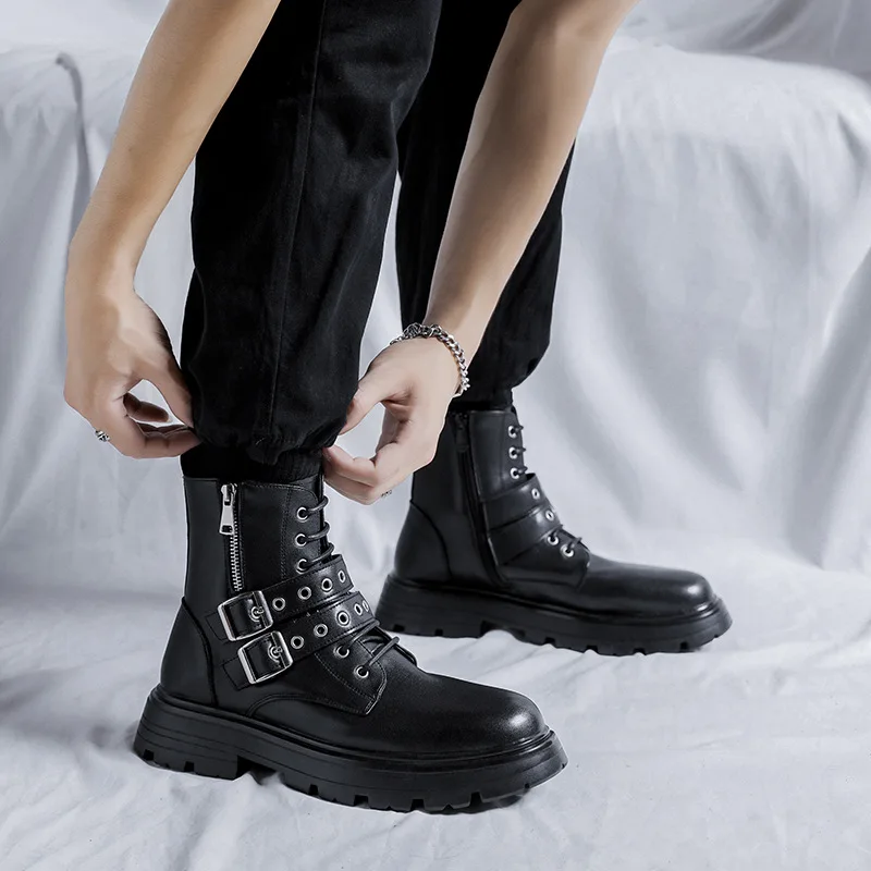 

men fashion motorcycle boots brand designer shoes stage nightclub dress original leather platform boot spring autumn short botas