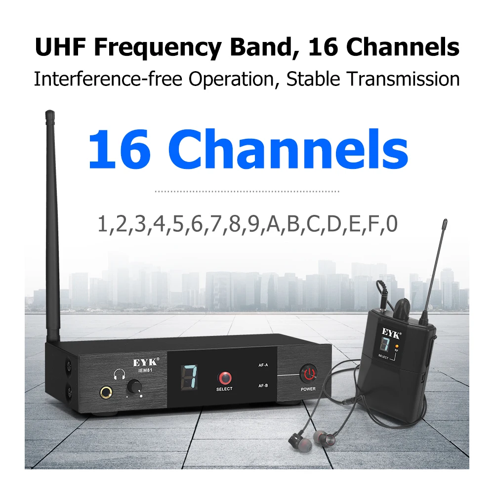 EYK IEM81 UHF Wireless In Ear Monitor System Single Channel 16 Frequencies Selecable Perfect for Singer Stage Performance DJ