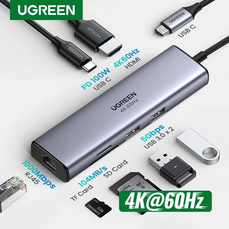 UGREEN USB C HUB 4K60Hz 7-in-1 Type C to HDMI PD100W SD&TF RJ45 USB3.0 5Gbps for MacBook Laptop USB Splitter Docking Station