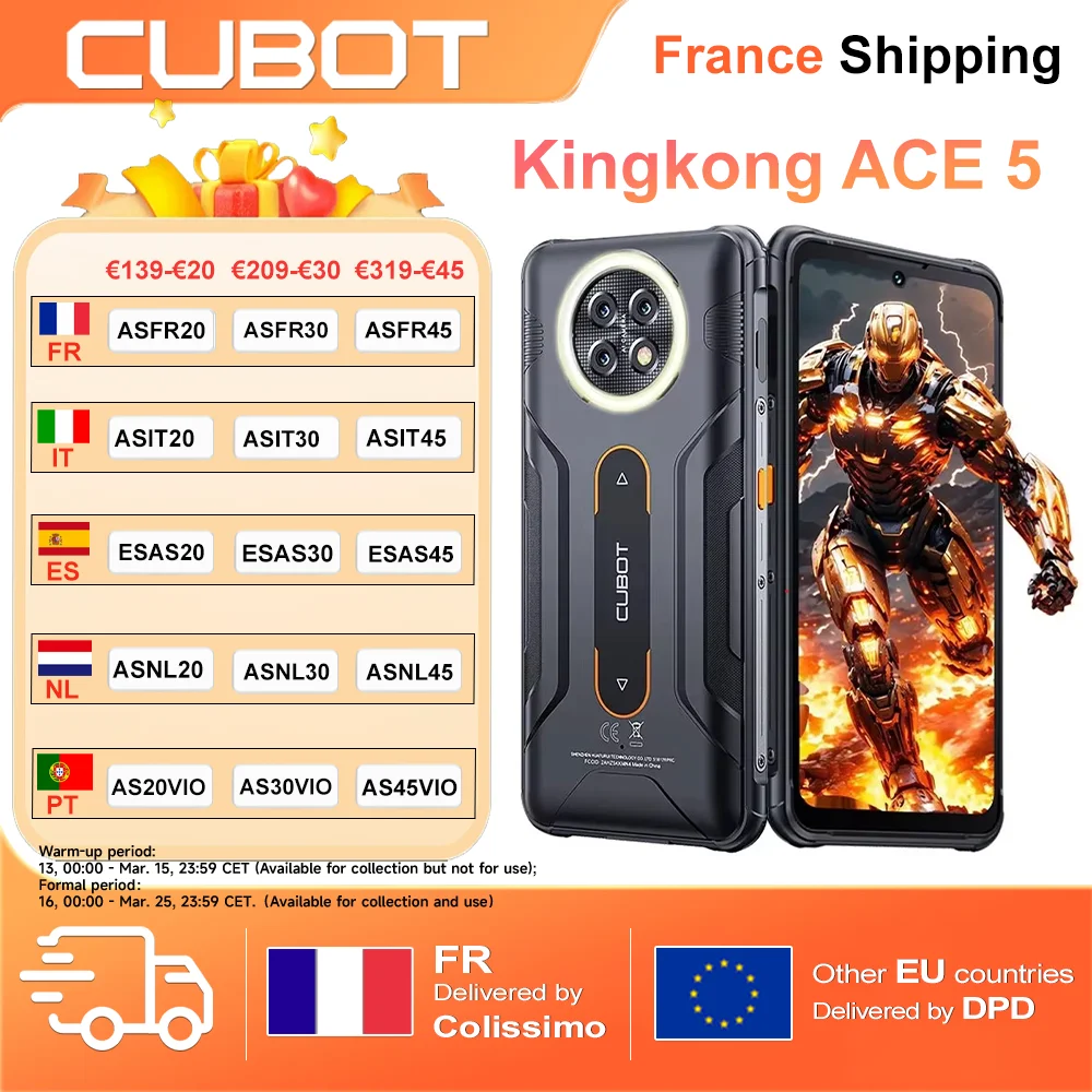 Smartphone robuste Cubot KingKong ACE 5 Android 16 20 Go (8+12) de RAM 256 Go de ROM 10200 mAh 6,745 pouces 120 Hz 48 MP NFC Lampe torche LED 1A