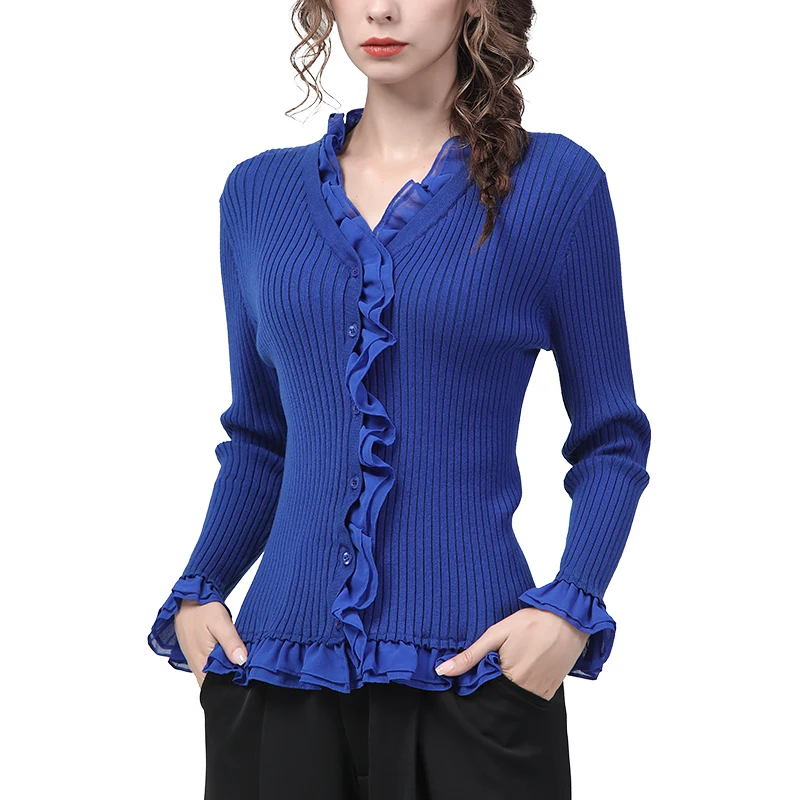 2022 autunno inverno donna maglione lavorato a maglia Sexy Skinny manica lunga con scollo a v blu Stretching Cardigan monopetto top