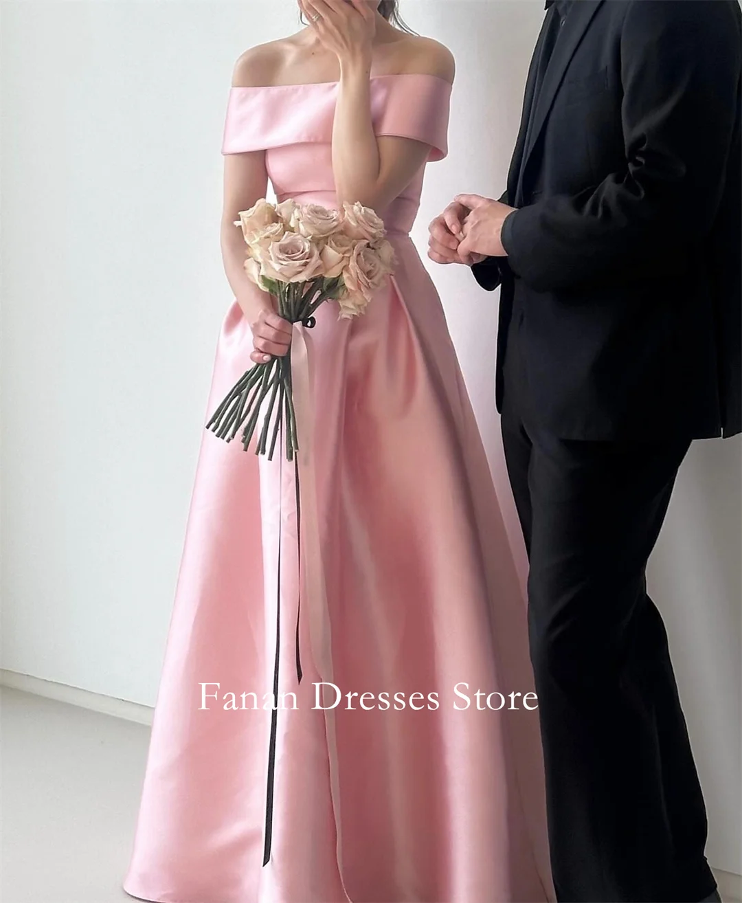 

FANAN Вечерние платья трапециевидной формы с открытыми плечами, корейские атласные платья с короткими рукавами, розовые свадебные женские платья, платья для выпускного вечера по индивидуальному заказу