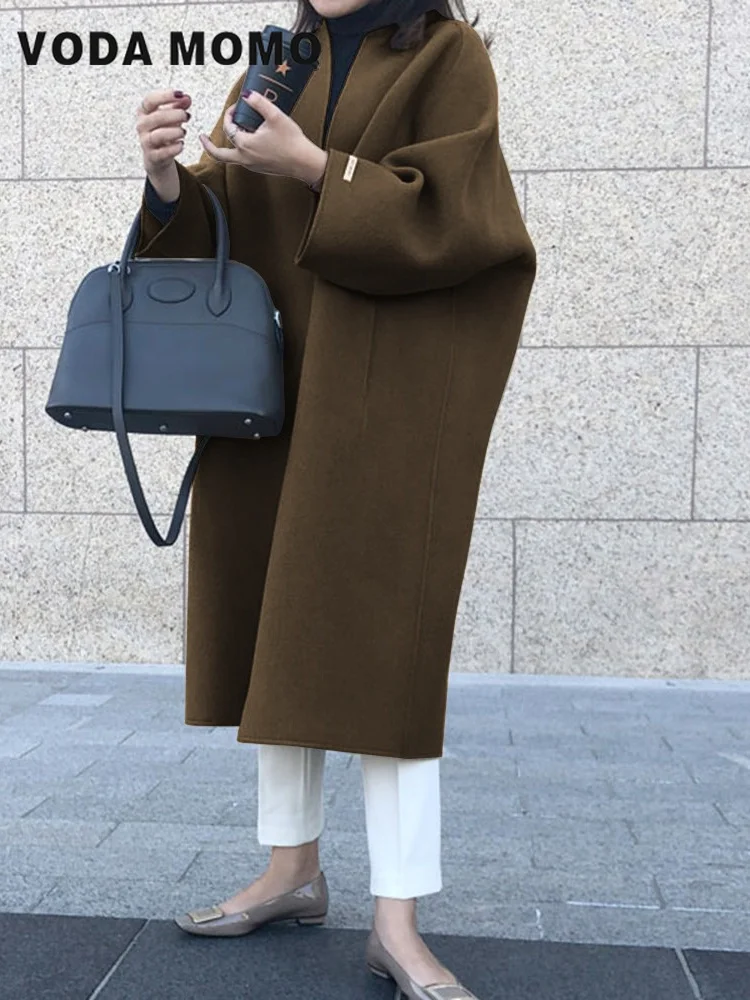 Elegant Coat Commuting style Simple Woolen Outerwear Warm Lady Casual Open Stitch Pure Color Winter Long Woolen Coat Coldproof