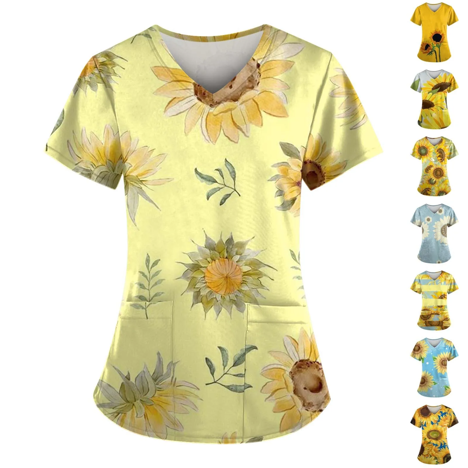 Women Sunflower Print Nurses Uniform Tunic Scrub Tops Blouse Clinic Carer Protective Nursing Uniform Shirt V Neck T Shirt