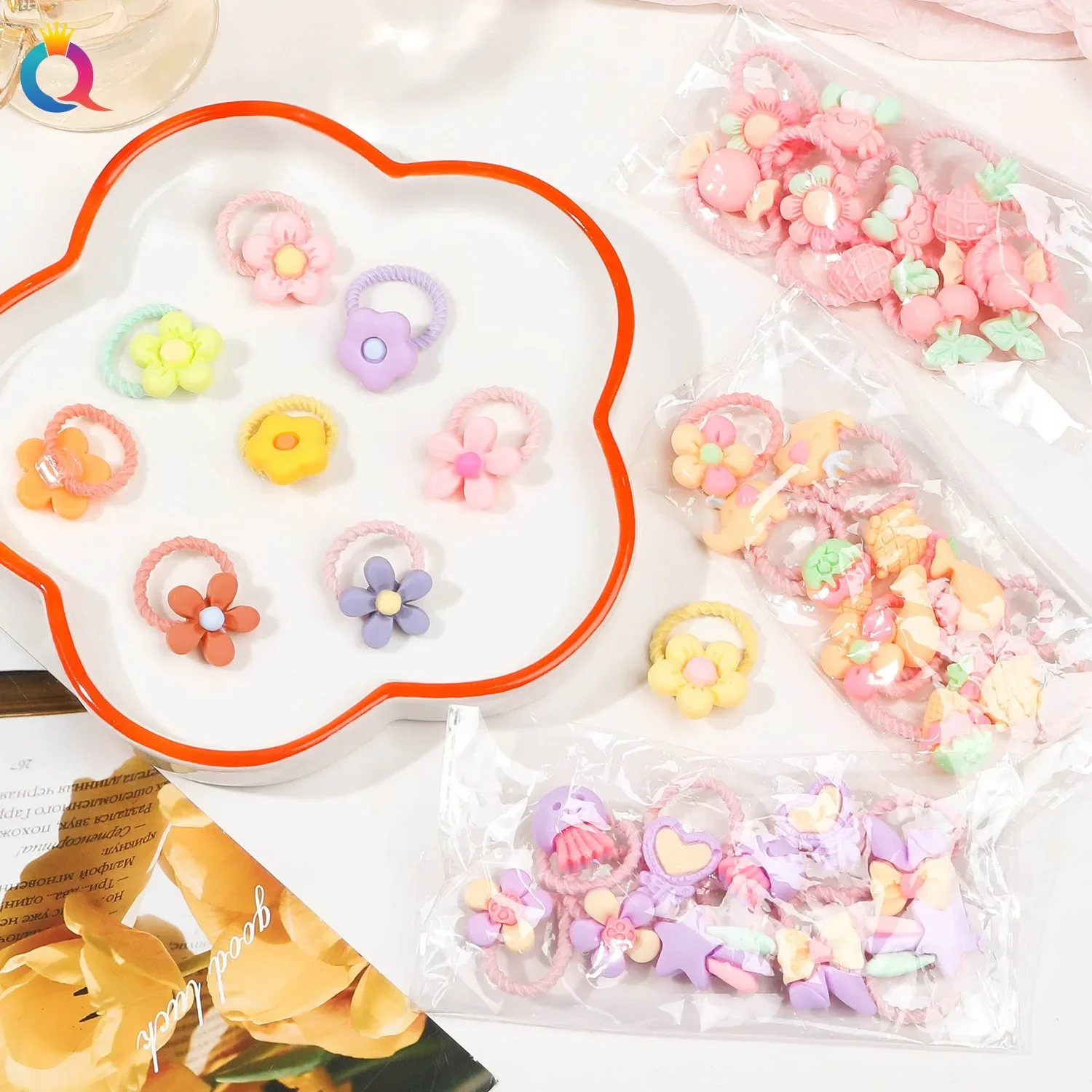 10Pcs Small Children Hair Rope Adorable Fruit Design Elastic Bands Pink Purple Flower Scrunchies Girls Ponytail Hair Rings