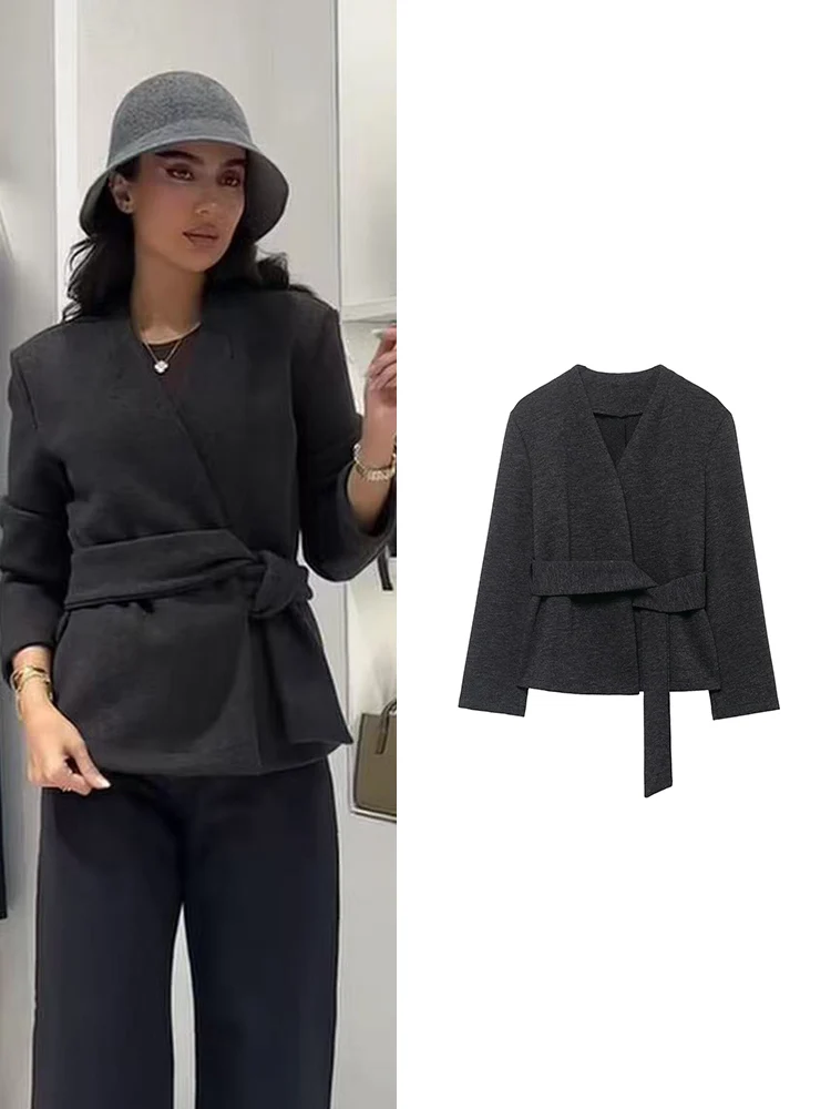

TFMLN 2025 Autumn Women Cardigan With Belt Long Sleeve V Neck Slim Jacket Coat Solid Simple Style Commute Ladies Outwear