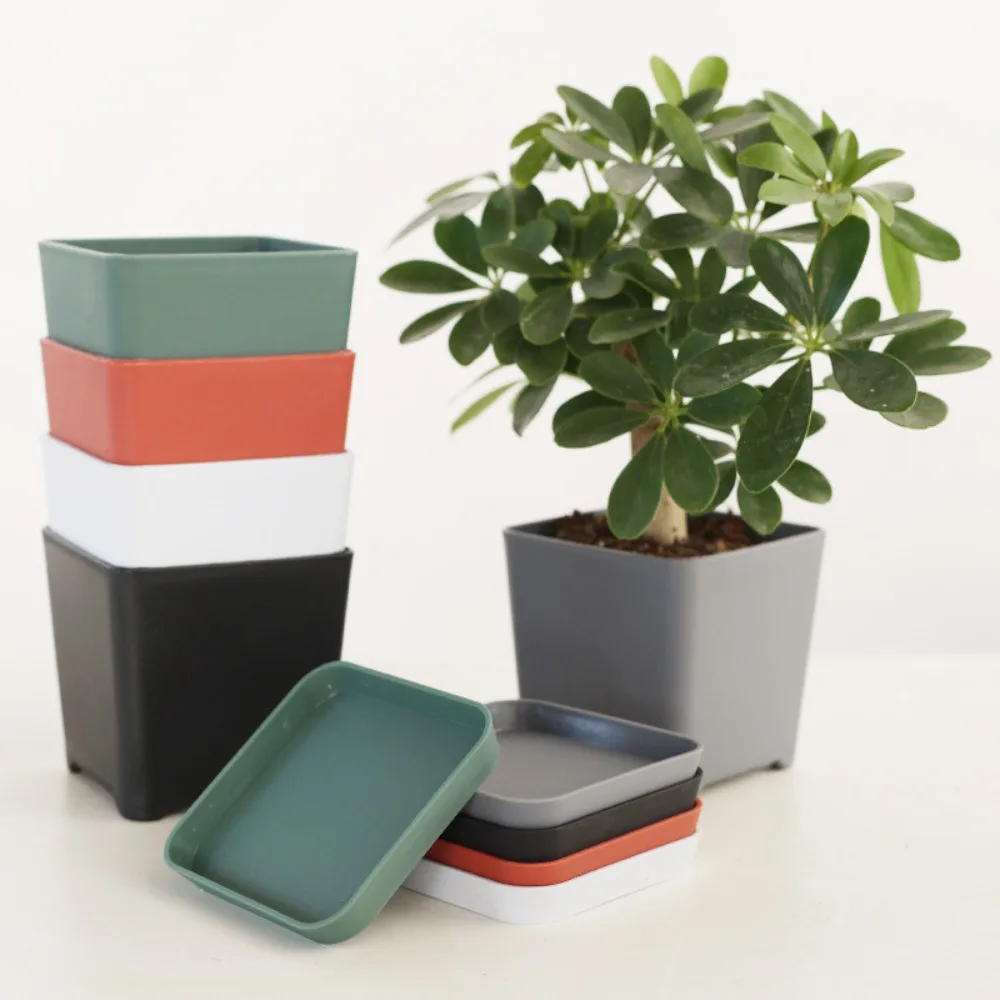 

3 set Household Square Plastic Flower Pot Resin with Tray Succulent Plant Pot Nordic Drain Hole Nursery Pot Balcony