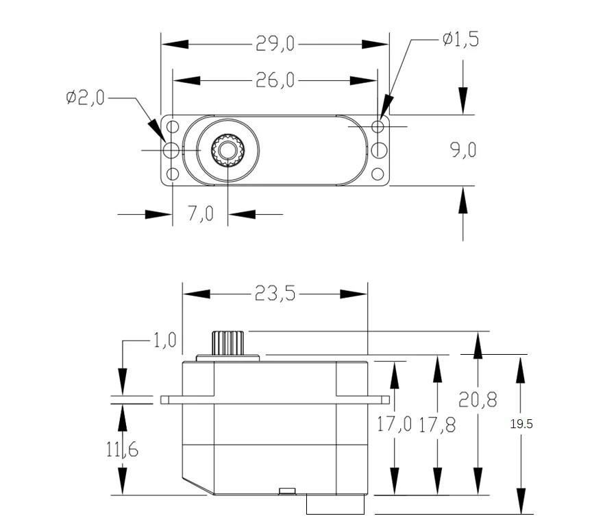 OCS-D008 7,4 V 3,2 kg. cm 7,7 g 0,07 S/60 °   Motore coreless Micro servo Metal Gear All CNC Case