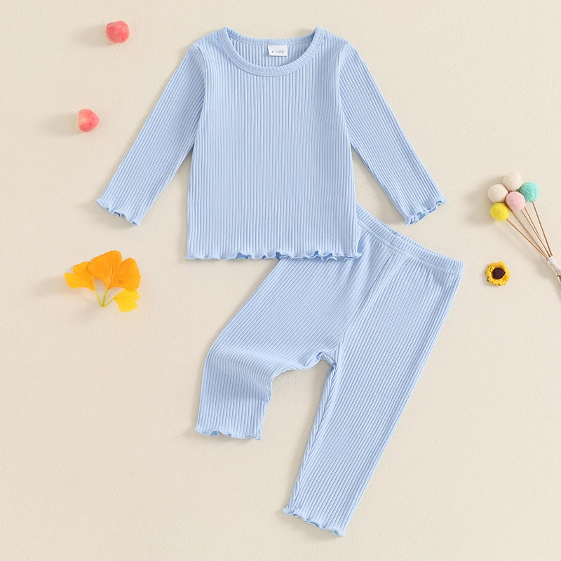 Autumn Children's Clothes Sets for Girl Solid Frill Trim Long Sleeve Ribbed T-shirts+Elastic Waist Pants Leggings Casual Outfits