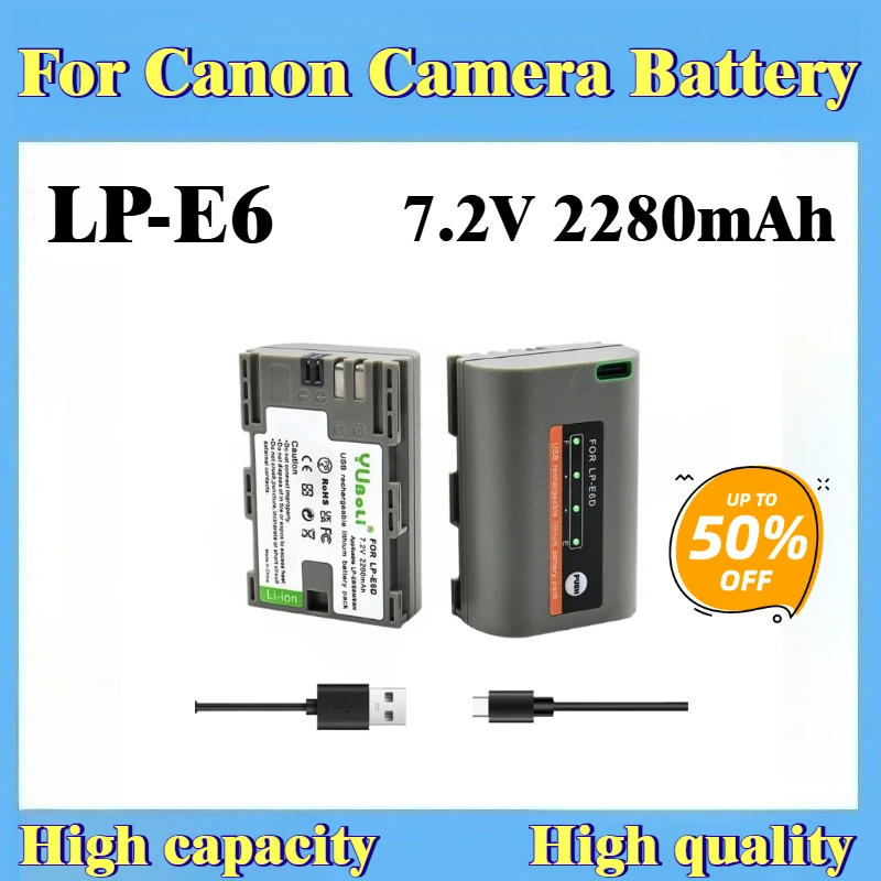 

LP-E6D Camera Battery 7.4V 2280mAh with Type-C charging port for Canon 5D Mark II III 6D 7D 60D 7DSV 7D D70 D80 D2 High Quality