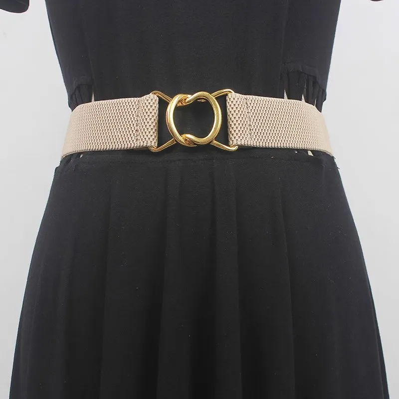 

Women's Runway Fashion Gold Buckle Elastic Cummerbunds Female Dress Corsets Waistband Belts Decoration Wide Belt R586