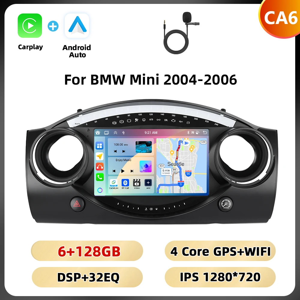 Podofo 8+128G 8-core autoradio voor BMW Mini 2004-2006 multimediaspeler Android Auto Carplay WIFI 4G Qualcomm AI spraakbesturing auto-audio
