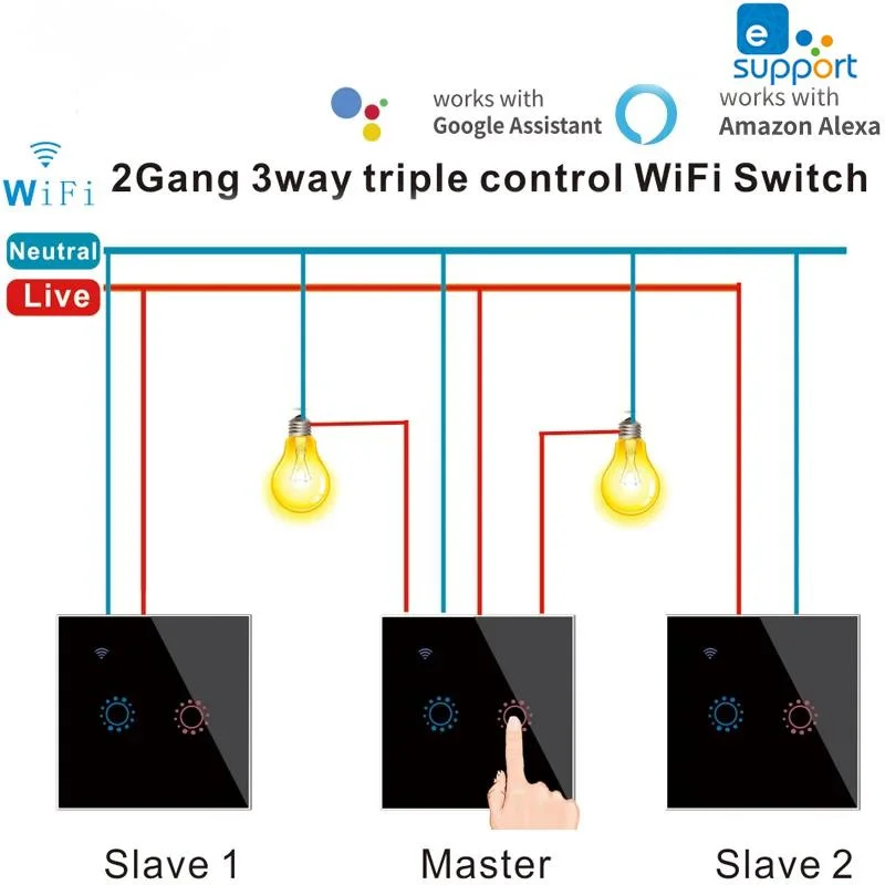 

Tuya/Ewelink APP 1/2/3 Gang 3 Way Control Smart WIFI Switch,Touch Glass Wall Light Switches Compatible Alexa Google Home