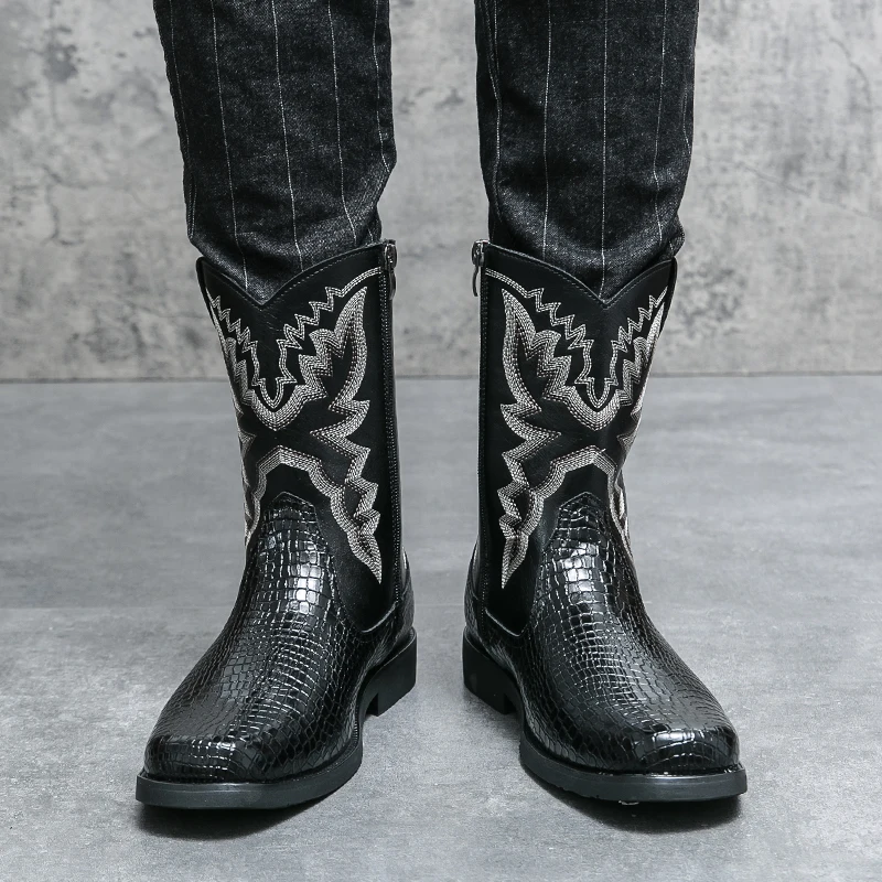 Bottes en denim imprimées brodées pour hommes, style occidental, fermeture à glissière latérale, haut confortable, haute qualité, nouveau style à la mode