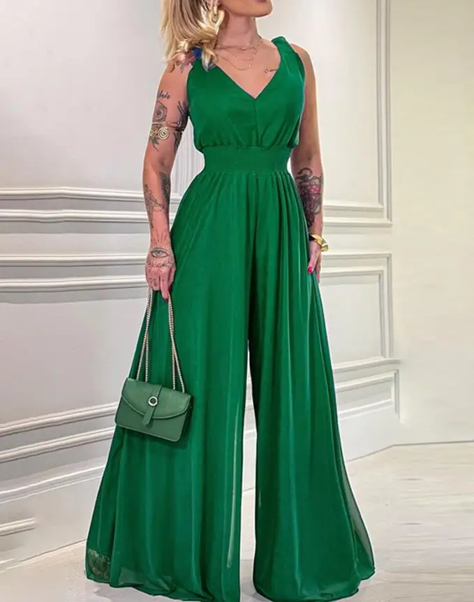 بذلة امرأة 2025 الصيف مثير أنيقة يغرق الخامس الرقبة Ruched حزام أكمام بذلة عادية الخصر Shirred واسعة الساق بذلة