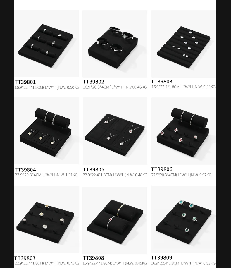 Oirlv Schwarze Schmuckdisplays für Ringe, Ohrringe, Halsketten, Armbänder und Armreifen, Schmuckablage aus Samt, Set mit Diamanten- und Edelsteinschalen – Detail 7