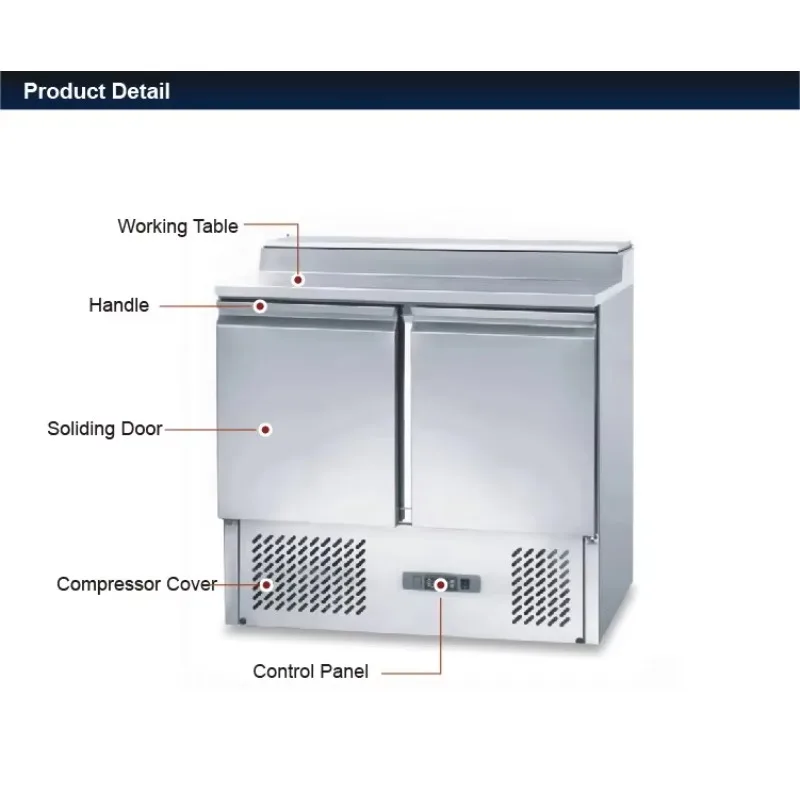 Stainless Steel Salad Display Refrigerator Cooling Hotel Restaurant Worktable Single Door Freezer Refrigerator Cool Climate