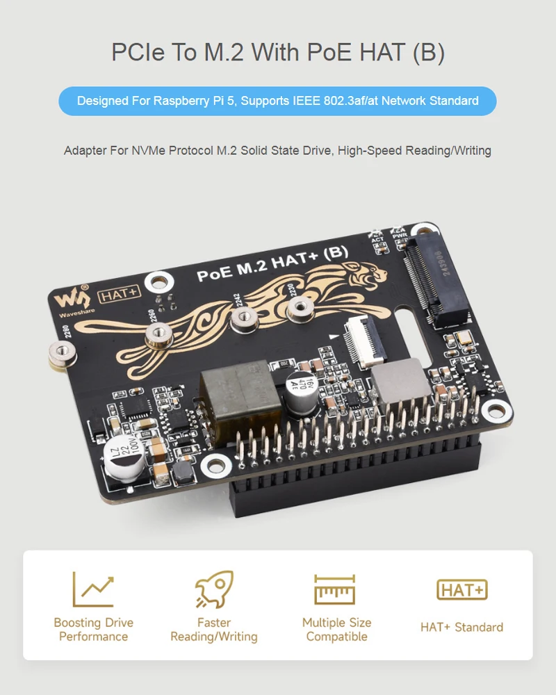 Raspberry Pi 5 PCIe To M.2 SSD HAT (B) Supports NVMe Protocol M.2 Solid State Drive High-Speed Reading For Raspberry Pi 5