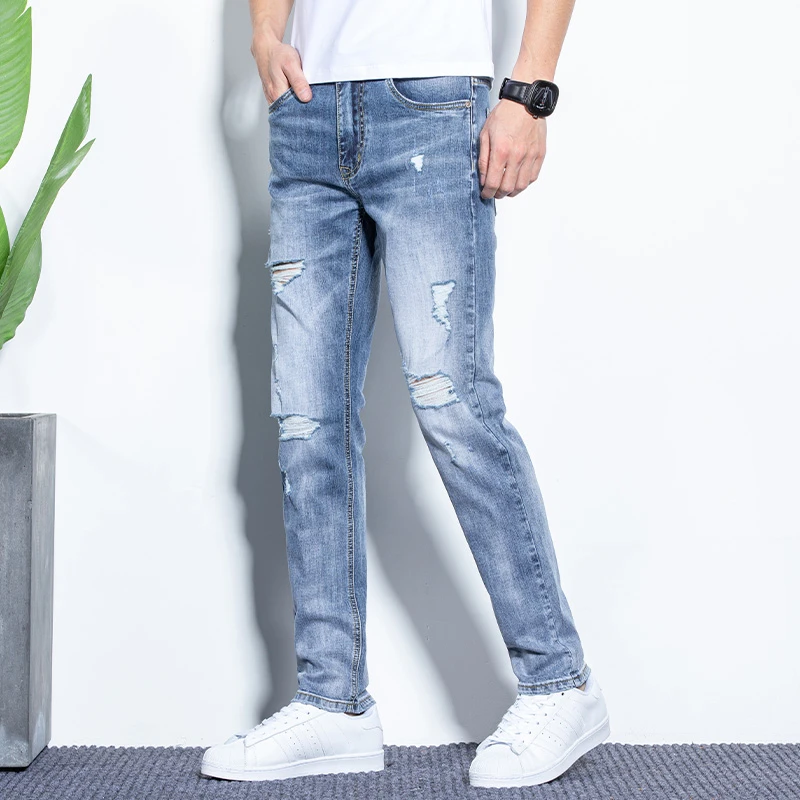 2024 Spring Summer Stretch Ripped Men Jeans Classic Slim fit Denim Pants Streetwear Design Korea Casual Trousers Male