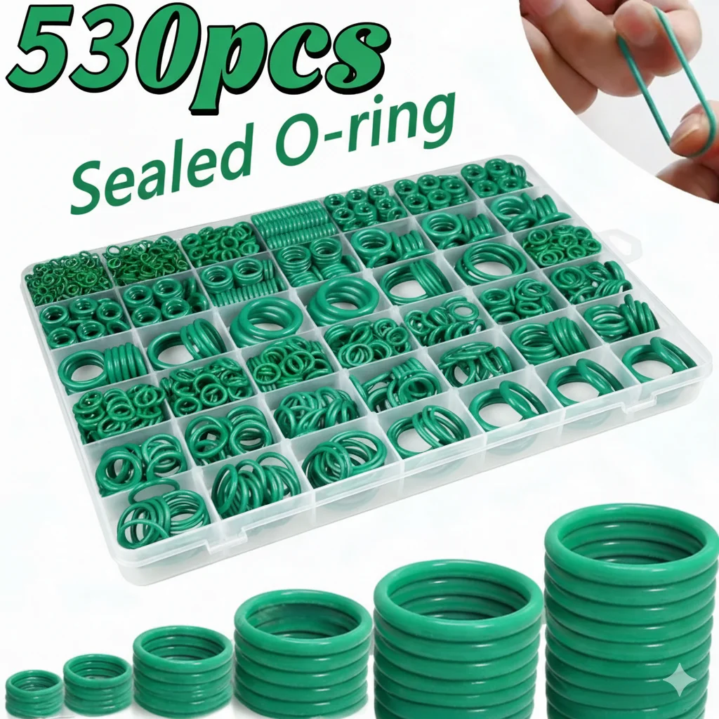 530Pcs Green Car Air Conditioning O-Ring Kit HNBR Rubber Seals A/C System Repair Gaskets Assortment Set for Auto Repair Tools
