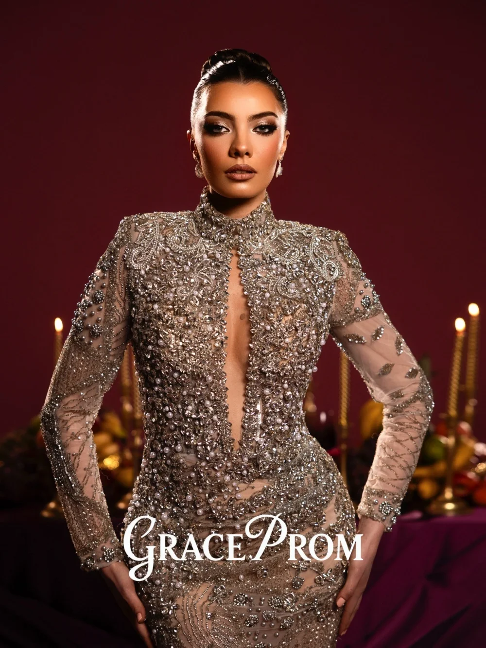 

GraceProm Illusion Neck Evening Dress 2026 Exquisite Pearl Carpet Gown Chic A-Line Floor-Length Party Gown فساتين سهرة