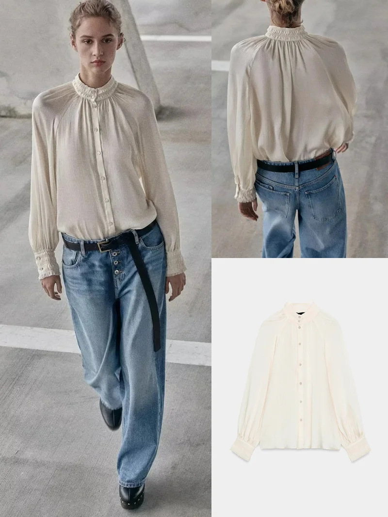 

Casual Style Silk Satin Feel Long Sleeve Shirt Women's Spring Summer New Arrival Pleated Effect Stand Collar Gown for Youth