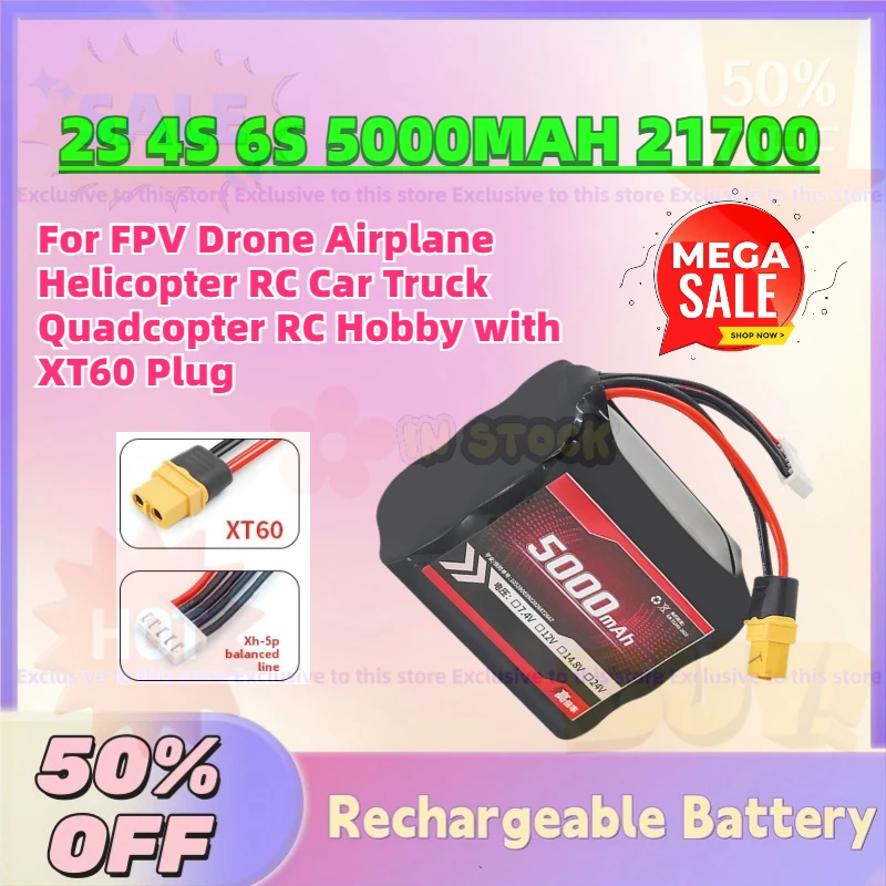 

Upgrade 2S 4S 6S 5000MAH 21700 Lipo Battery for FPV Drone Airplane Helicopter RC Car Truck Quadcopter RC Hobby with XT60 Plug