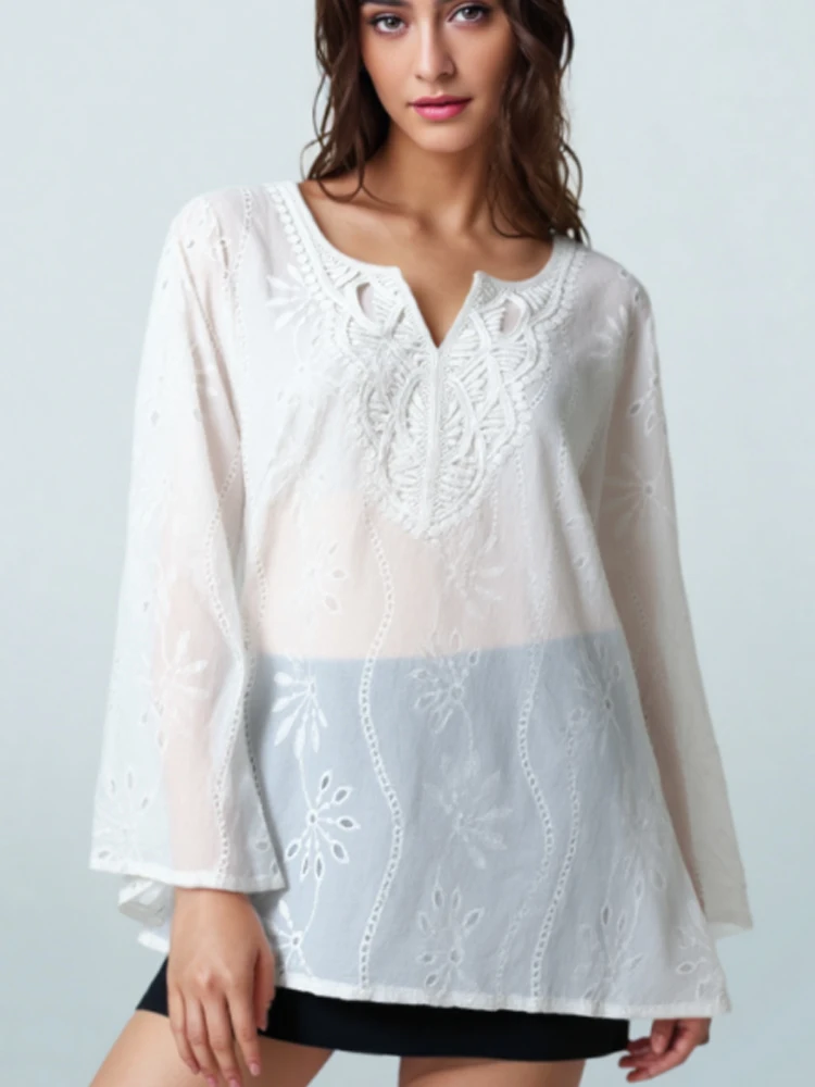 2025 Autumn New Loose V-neck Blouse Elegant Commuting Embroidered Lace Long Sleeve White Top Casual Hollow Women's Shirt 653