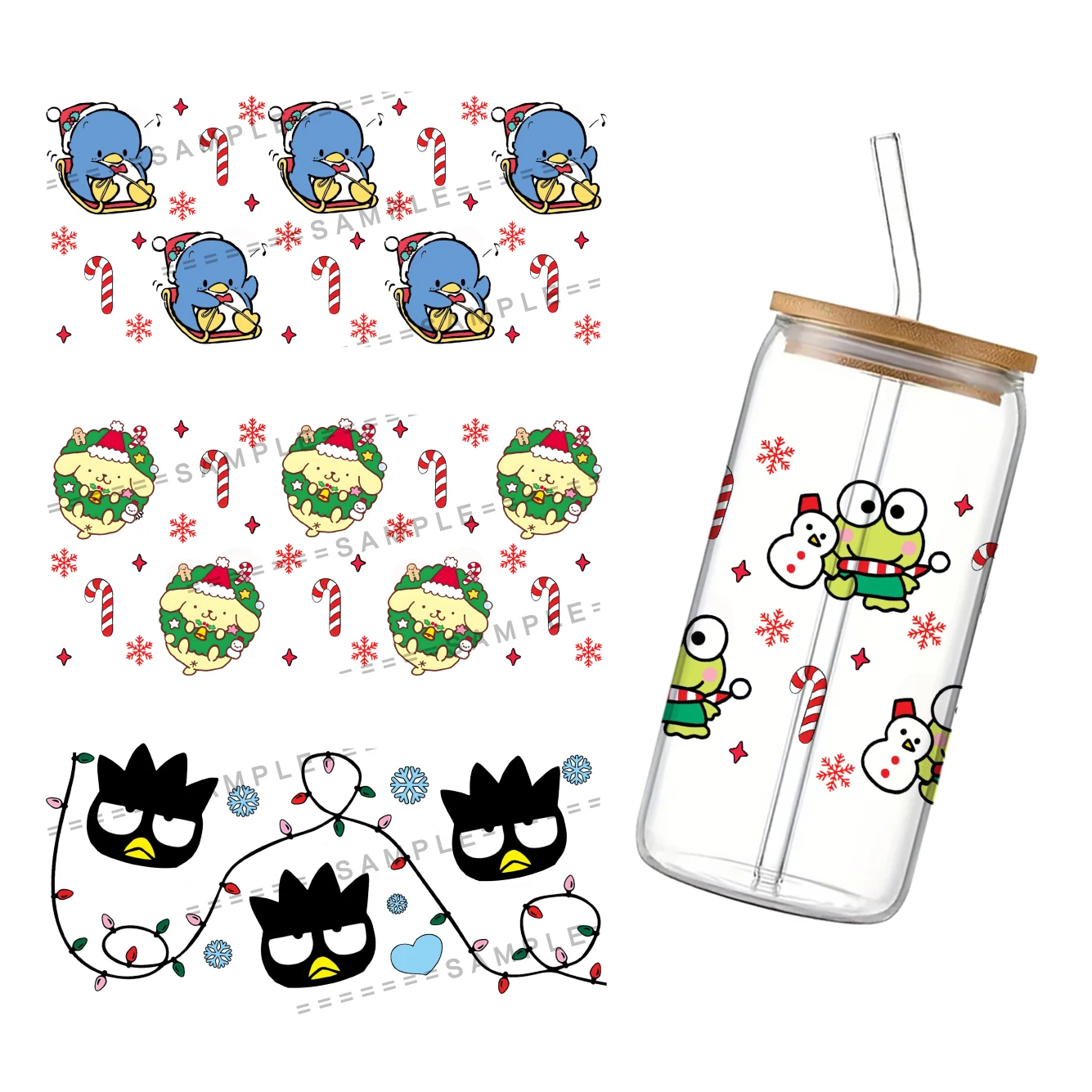 Sanrio Christmas Theme Waterproof Decal UV DTF Cup Permanent Adhesive Ready To Apply No Heat Needed Wrap 16oz For Libbey Glass