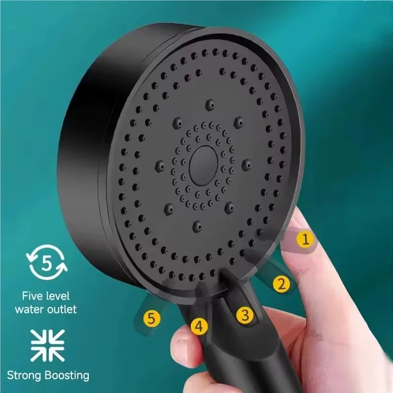 Cabezal de ducha de refuerzo negro, cabezal de ducha de masaje de agua de alta presión ajustable, rociador de mano para el hogar, suministros de baño, 5 modos