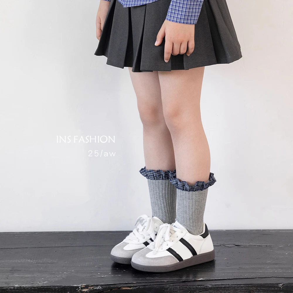 Ins Fashion Children Cotton Socks With Lace Baby Girls Princess Sock Plaid Ruffles Toddlers Ankle Sock For Kids School 1-10Year