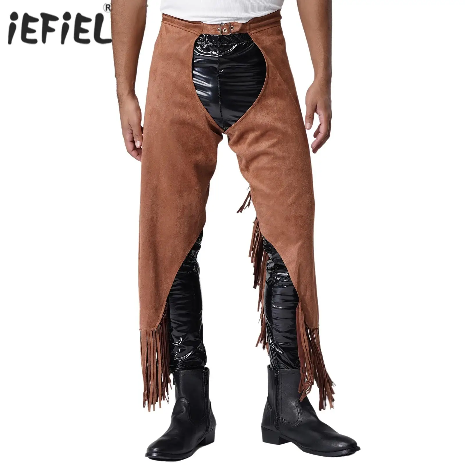 

Сексуальные мужские брюки с открытой промежностью и разрезом, винтажный ковбойский костюм для косплея, регулируемые пряжки, замшевые брюки с бахромой, наряды для вечеринки на Хэллоуин