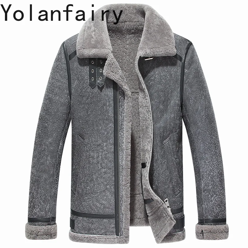 YOLANFAIRY معطف الفرو الطبيعي رجل شتاء دافئ الأغنام الحقيقية شيرلينغ الستر الرجال سترة جلدية حقيقية عادية Abrigo Piel Hombre