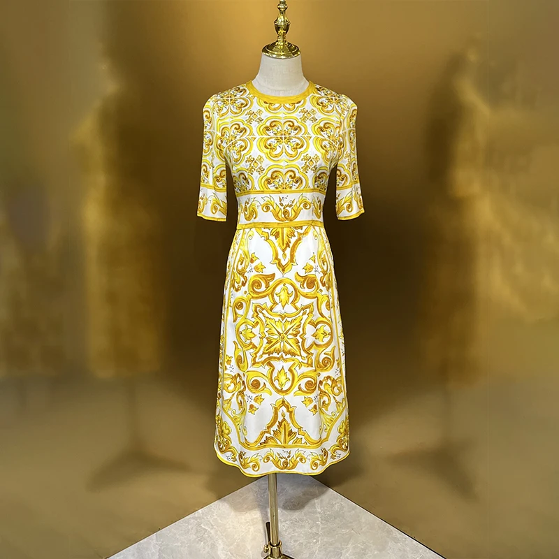 1:1D0cle* 2024ss Women\'s Premium Textured Dresses Yellow Printed Dress Half Sleeve Midi Luxury Midi Elegant Dresses Ladies
