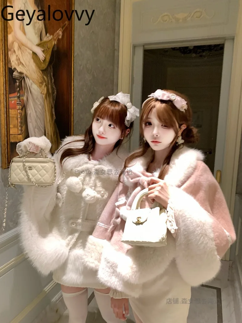 

Original Winter Cute Warm Fluffy Cape Coat Sweet Girls Versatile Turn-Down Collar Single-Breasted Lace-Up Bow Short Cloak Coat