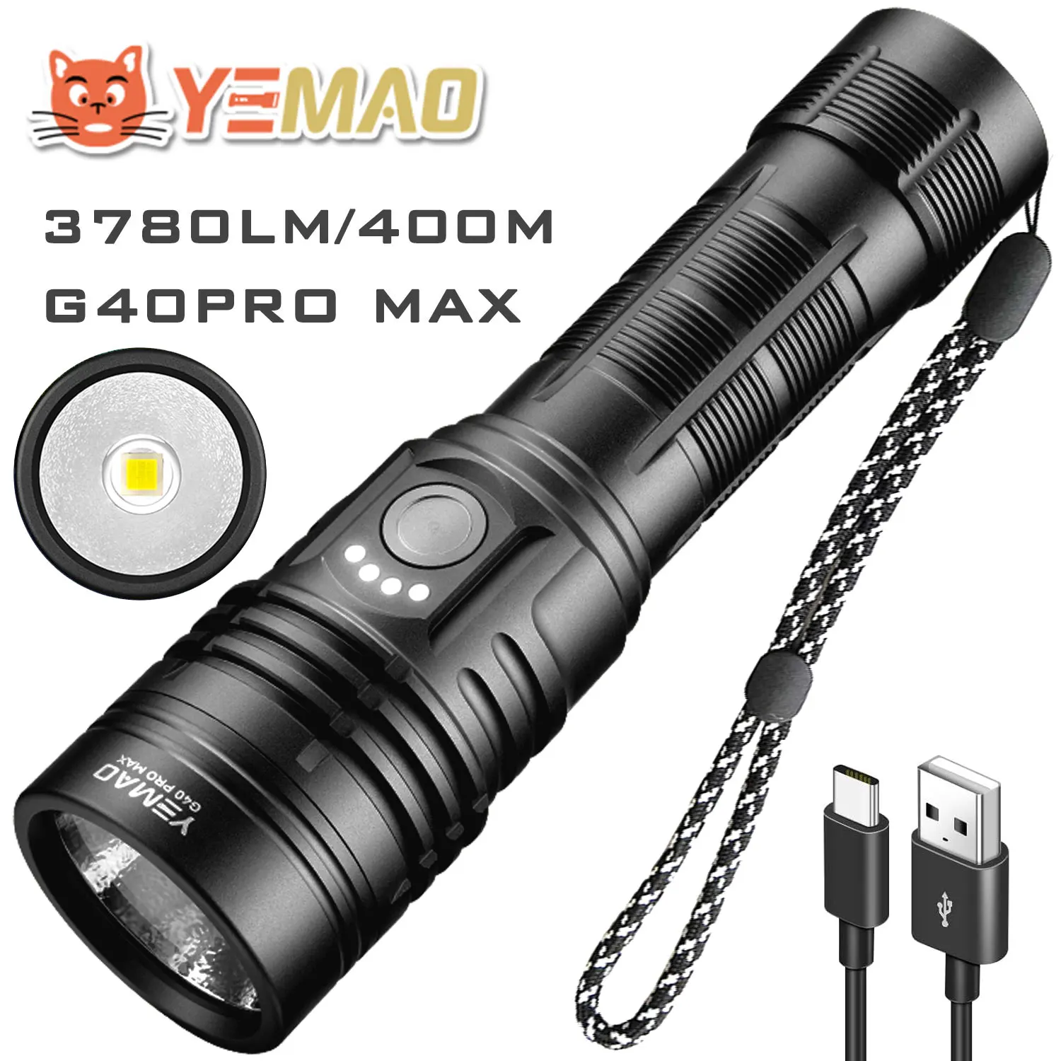 

YEMAO G40 Pro Max Flashlight 3780 lumens LED Rechargeable Torch Outdoor waterproof 418M distance Emergency search flashlights