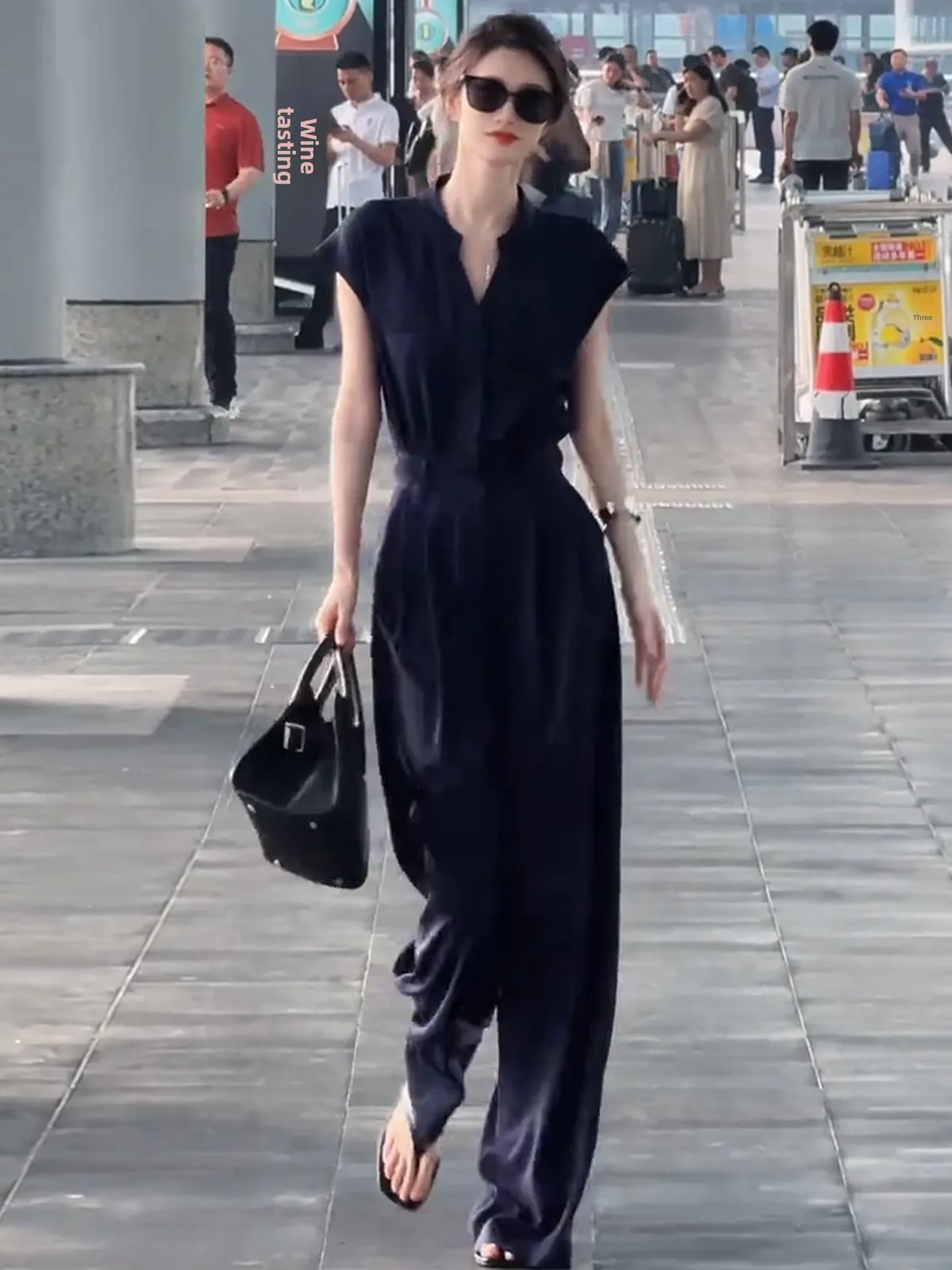 Koreanische Sle Abnehmen V-Ne ort Sve frauen Rer Hohe Taille Breite Bein Hosen Dra Sommer Faion Casual Outfit