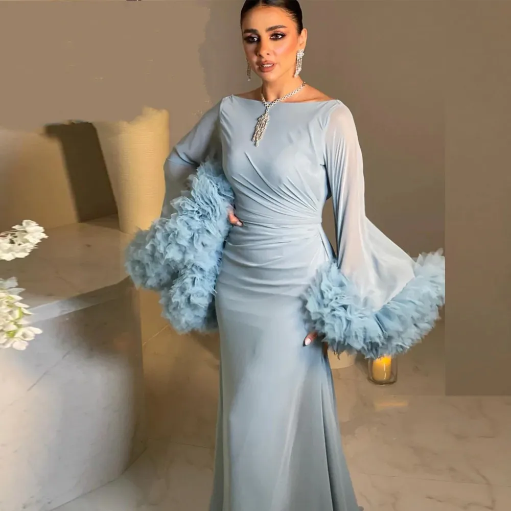 Lichtblauwe Moslim Avondjurken 2023 Gezwollen Mouwen Chiffon Avondjurken Zeemeermin Islamitische Dubai Arabische Formele Prom Dress Lang