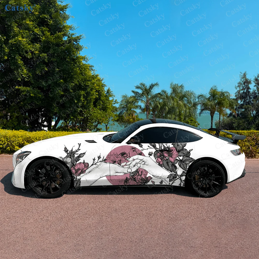 

Hands Flower Red Sun Car Side Sticker Decoration, PVC Waterproof Scratch Resistant Decal, Car Protection, Auto Accessories Gift
