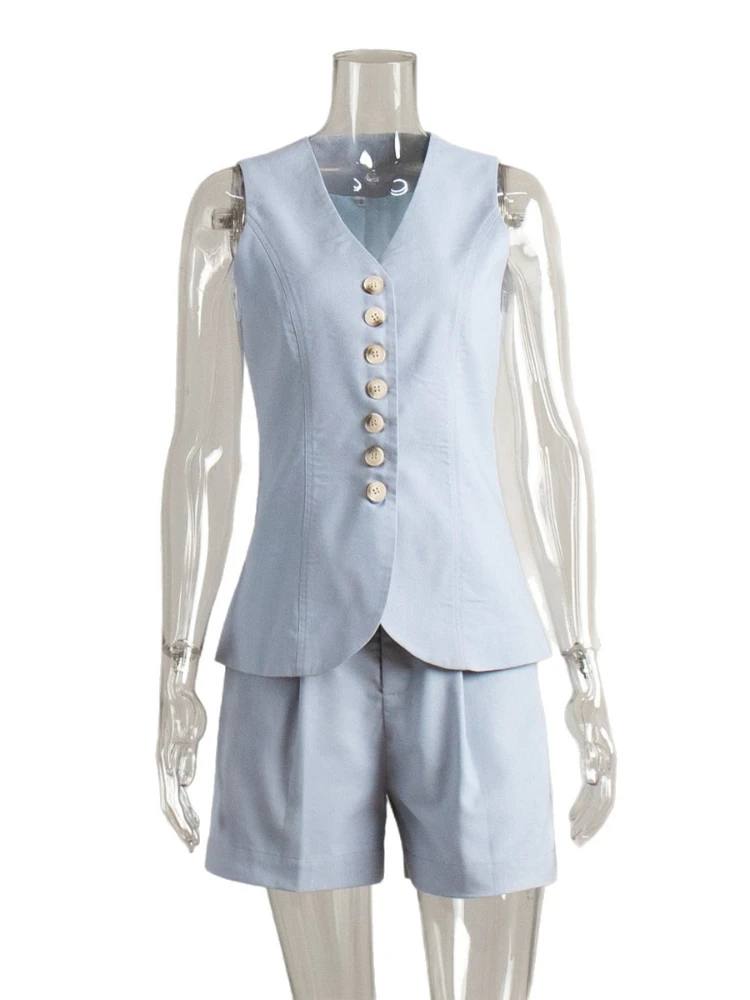 Conjunto de dos piezas de moda de verano 2025, chaleco informal de lino y algodón, conjunto de pantalones cortos para mujer, Tops con cuello en V y una botonadura, pantalones cortos de cintura alta